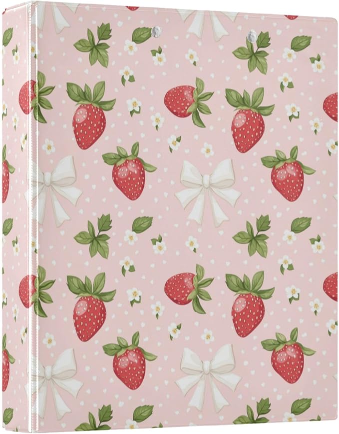 Strawberry 3 Ring Binder, 1.5 Inch Round Ring Binders Pink Clipboard Work Binders Organizer with Pockets Holds 200 Sheets for School Office Home 1 Pack