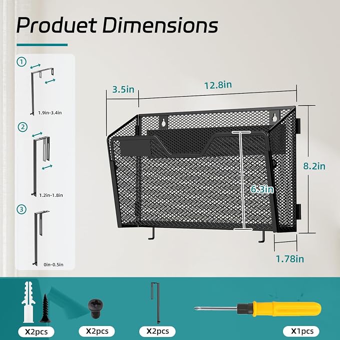 3 Pack Magnetic File Holder with Hooks and Labels, Black | Metal mesh magnetic folders attaches without drilling, keeping A4 and letter files accessible on cabinets or whiteboards