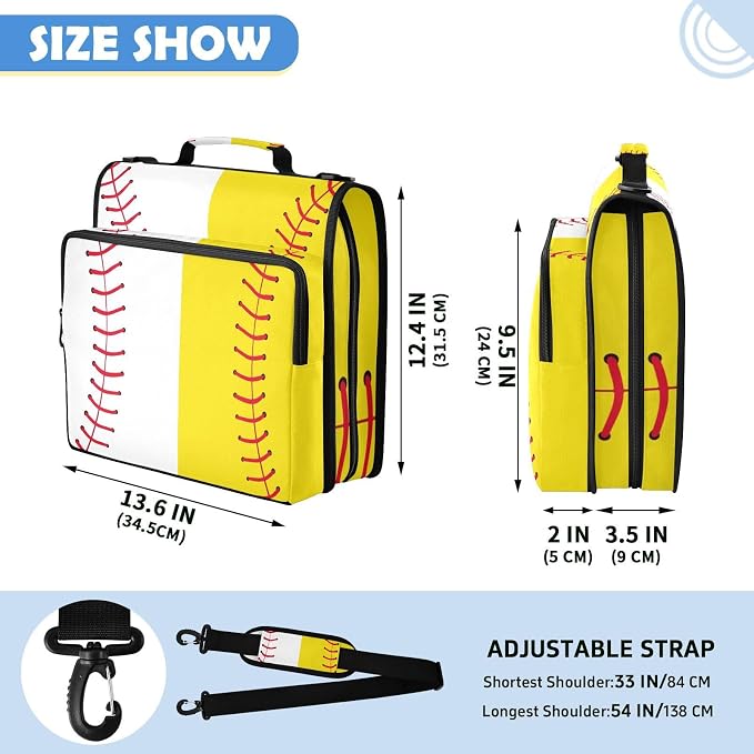 Baseball Softball Zipper Binder File Organizer Bag 3 D-Ring | with Shoulder Strap, Holds 500 Sheets & 14in Laptop, 3 Ring Binder for Office Supplies