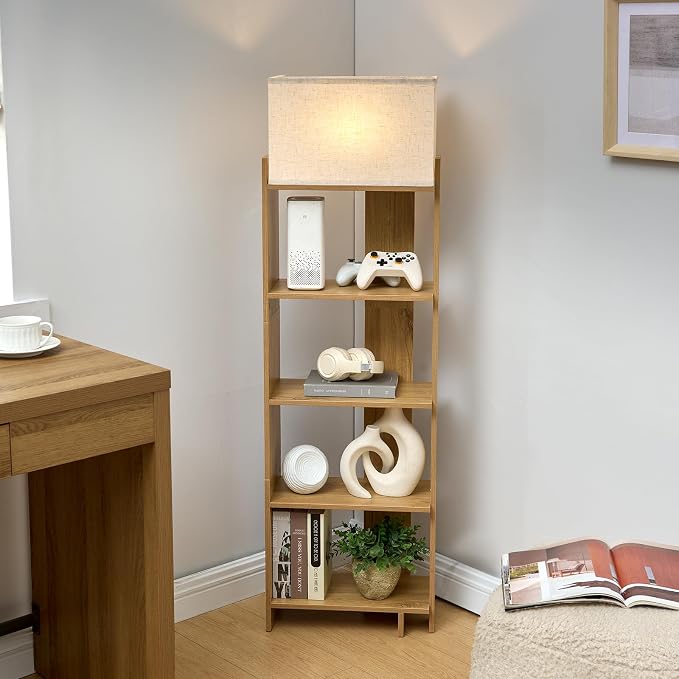 ZGREN Bookshelf Floor Lamp Shelves Standing Narrow Book Shelf with 3 Colors Led Light Library Storage Organizer Furniture for Small Spaces Corner Reading Nook Living Room Bedroom Home Office