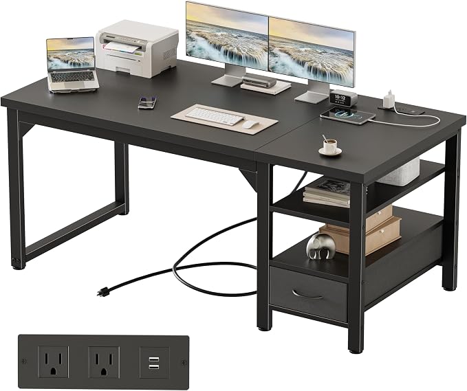 54" Computer Desk with Drawer, 1.2" Thick Reversible Office Desk | Modern Writing Table with Power Outlets & Storage Shelves, Heavy Duty Industrial Executive Desk for Home Bedroom Study Work