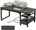 54" Computer Desk with Drawer, 1.2" Thick Reversible Office Desk | Modern Writing Table with Power Outlets & Storage Shelves, Heavy Duty Industrial Executive Desk for Home Bedroom Study Work