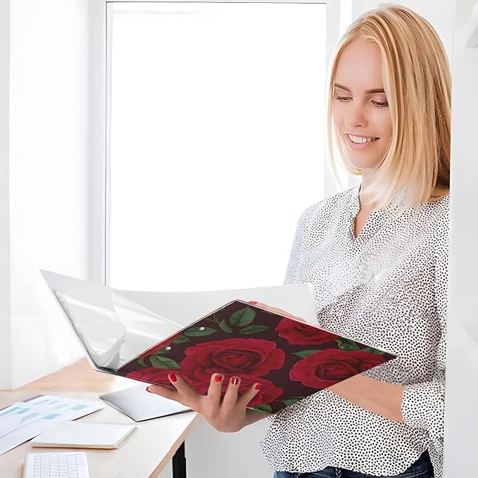 3 Ring Binder Red Rose Black Roses 1.5 inch Binders Three Ring Binders with Clipboard Fit 8.5'' x 11'' Paper 3 Interior PVC Clear Pockets for Office Supplies