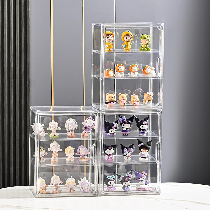 3 Tier Display Case for Collectibles,Clear Display Box with 2 Movable Plates ,Storage Container with Magnetic Door (Large 2 Pack)