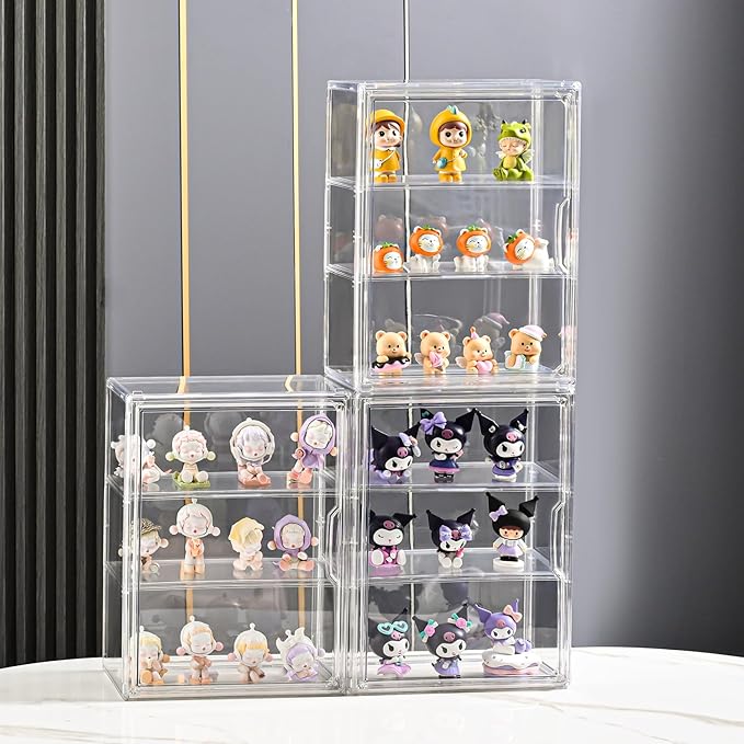 3 Tier Display Case for Collectibles,Clear Display Box with 2 Movable Plates ,Storage Container with Magnetic Door (Large 1 Pack)