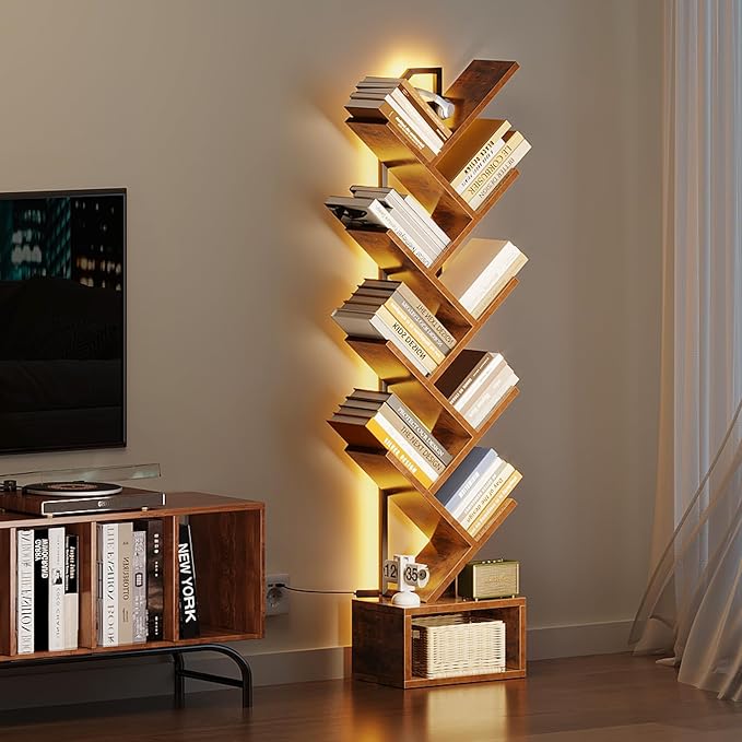 Casaottima Tree Bookshelf with LED Lights, 8-Tier Small Bookshelf, Vintage | Narrow Bookcase for Small Spaces, Steel & Wood Storage Shelf with Cabinet, Home Organizer for Living Room, Bedroom, Office