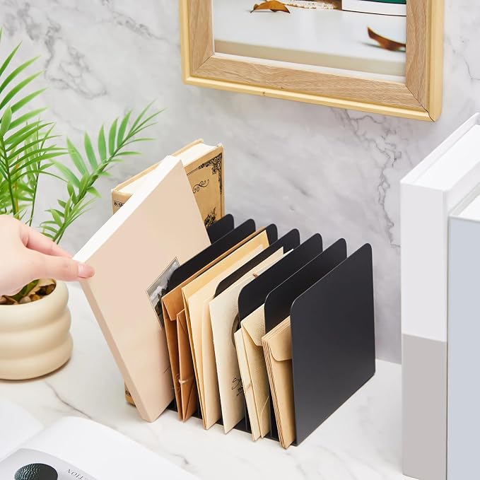 Suzile 2 Pcs Vertical Metal Desk File Organizer, 7 Compartments Desktop Document Sorter & Mail Holder for Office Home Classroom, Black