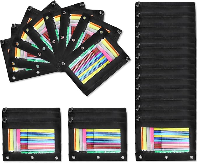 24 Pack 3 Ring Binder Pencil Pouch Bulk for School, Classroom, Office | Clear Pencil Case with Smooth Zipper, Clear Window Pencil Bag for Jewelry, and Cosmetic, Black