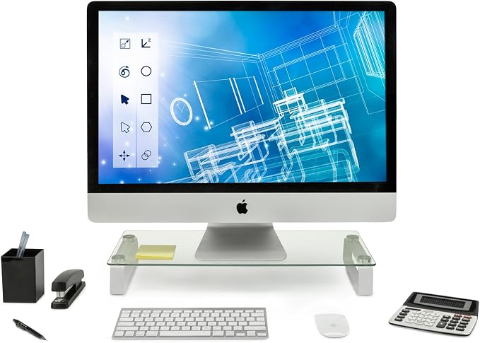 Mount-It! Glass Monitor & Laptop Riser Stand, 22", 44 lbs | Clear flat screen display stand with desktop shelf and organizer, glass and aluminum construction.