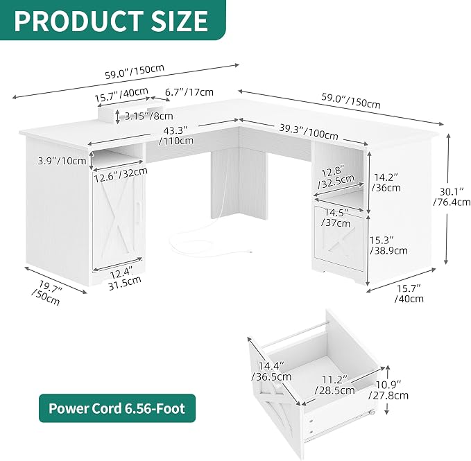 YITAHOME L Shaped Desk with Power Outlets | Computer Desk Corner Desk with File Drawer, Home Office Desk with Monitor Stand & Storage Shelves