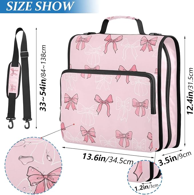 Fisyme Bows Pattern Pinks Zipper Binder 3 Ring with Zipper and Shoulder Strap Large Capacity Multi-Pocket Zipper Binder Organizer