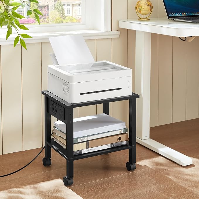 YUFAM 2 Tier Under Desk Printer Stand with Charging Station, Black | Wooden Small Printer Table for Home Office, Rolling Printer Cart Shelf with Lockable Wheels