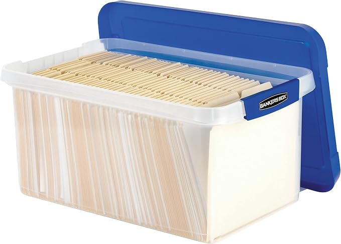 Bankers Box 20-Inch Heavy-Duty Plastic File Box, Letter | Protect letter files in a tough plastic box with hanging rails that keeps documents portable, organized, and secure.
