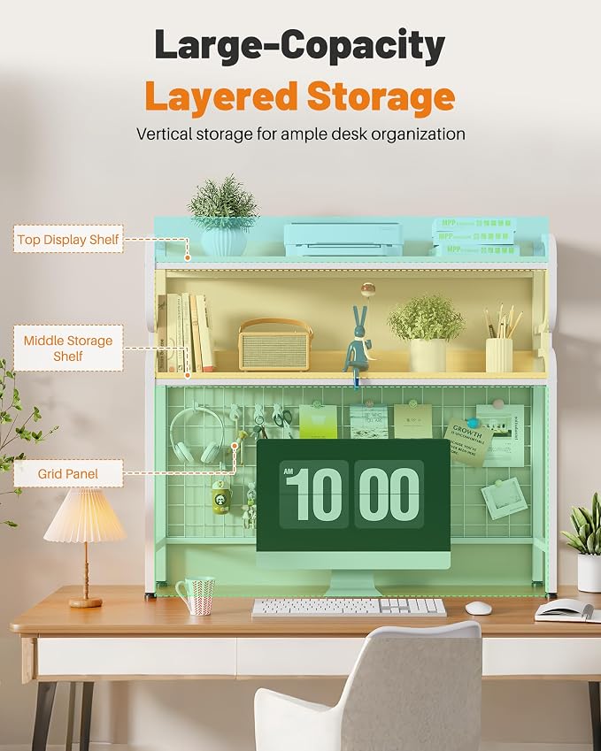 BYMECOST 38.6" Desktop Hutch Bookshelf,2-Tier Desk Shelf with Pegboard | Heavy-Duty Desktop Bookcase With Grid Panel and Hook, Desk Hutch for Computer in Offices or Dorms