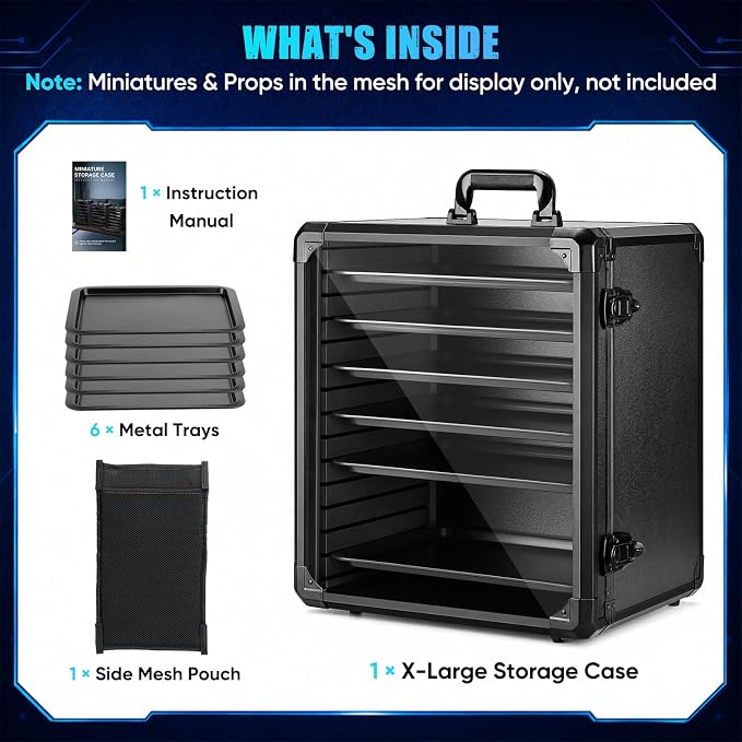 ONULISS Miniature Carrying Case with Side Mesh Pouch 6 Trays (X-Large Size) | Miniature Storage & Transport Case - Aluminum Alloy Frame & 6 Metal Trays for Display Figure Collectibles 15.9” x 12.9” x 18”