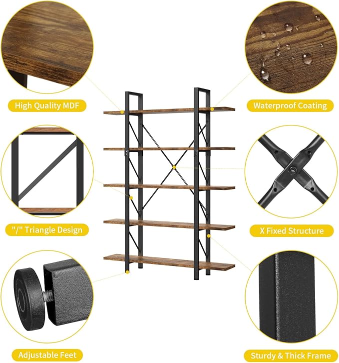 DWVO 5 Tier Bookshelf, 70.9" H Tall Bookcase Industrial Book Shelf Vintage Storage Organizer, Free Standing Storage Shelving Unit for Living Room, Bedroom, Home Office, Rustic Brown