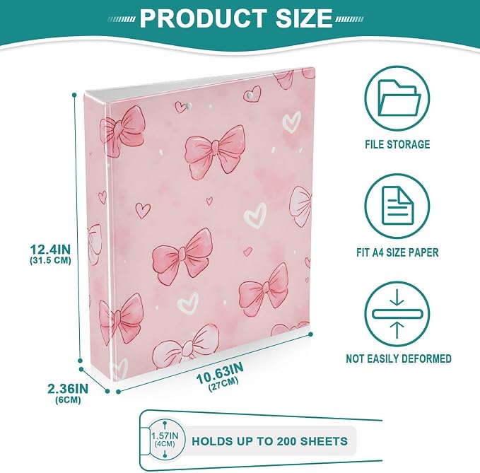 3 Ring Binder White Pink Bow Heart 1.5 inch Binders Three Ring Binders with Clipboard Fit 8.5'' x 11'' Paper 3 Interior PVC Clear Pockets for Office Supplies
