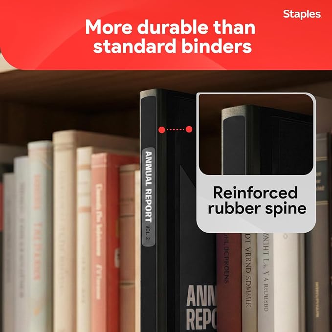 Staples Heavy-Duty 1.5-Inch D-Ring Binder, Black, Holds 400 Sheets | Large-capacity 3-ring binder for school and office document storage.