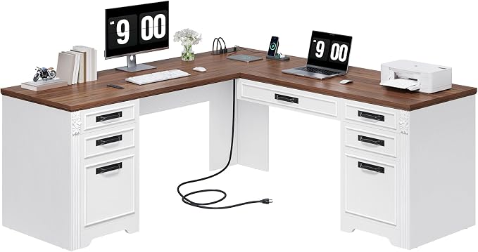 YITAHOME L Shaped Executive Desk with Lift Top & Drawers | Lift Top & Drawers, Farmhouse Corner Computer Desk, Power Outlets, Carved Design Wood, Storage Cabinet