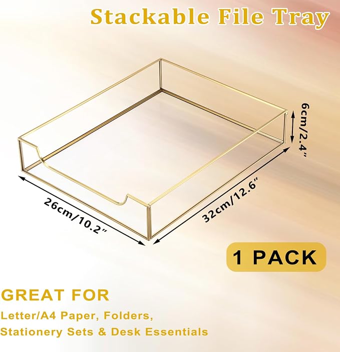 BTSKY 1 Pack Golden Glass Desk Tray, Multi-Purpose Organizer for A4 Paper, Documents, Desk Supplies, Makeup, Clear File Tray with Metal Frame, Stackable Decorative Storage for Home Office Vanity