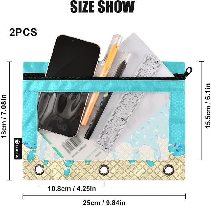Custom Teal Blue Ice Cream Print Pencil Pouch for 3 Ring Binder, 2 Pack Personalized Name Waterproof Pencil Bags Clear Window Pencil Case School Office Supplies