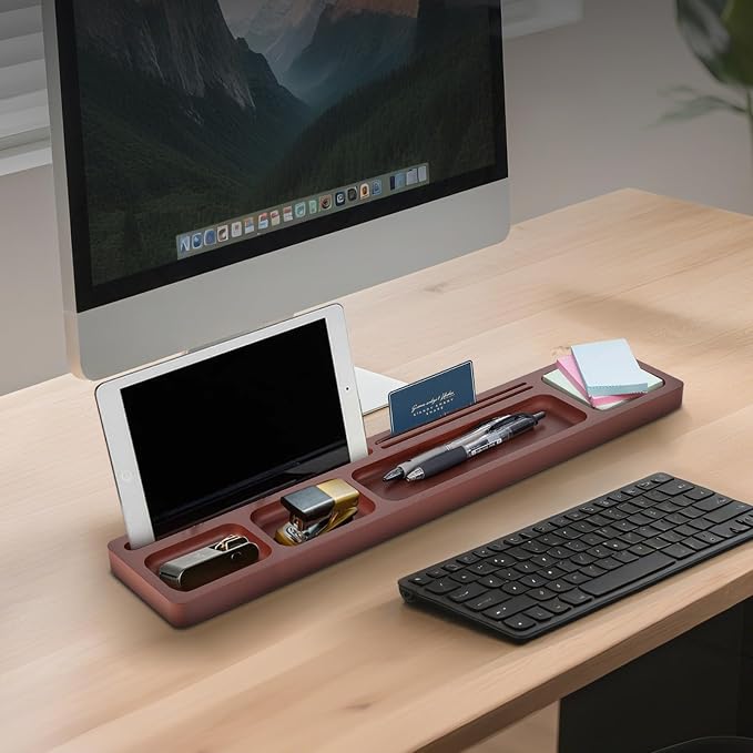 Valet Tray for Men – EDC Desk Organizer with Phone & Tablet Stand, Wooden Catchall for Watch Wallet Keys, Multi-Functional Office Desktop Storage, Gift for Husband Dad Groomsman