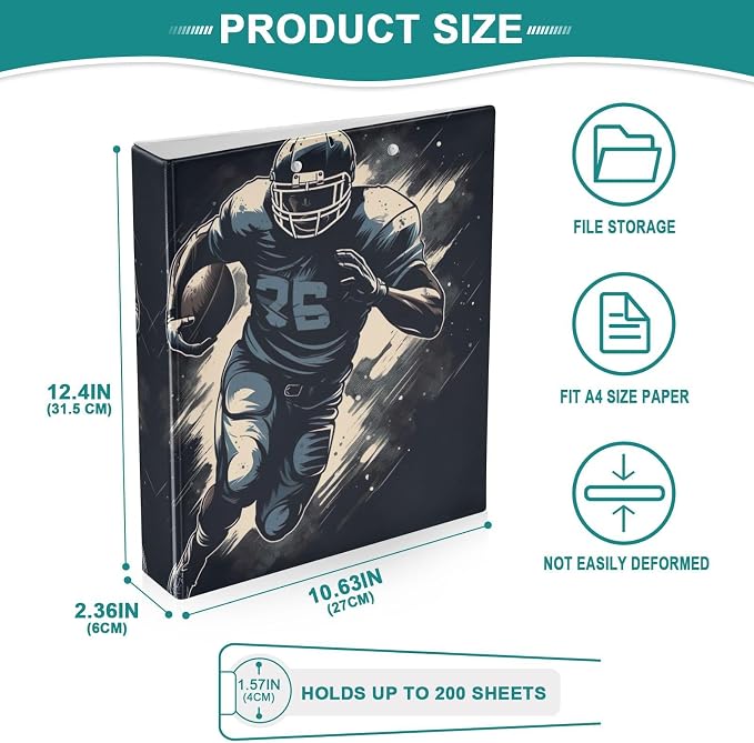 SPRIPORT Black Football Player 1.5 Inch 3 Ring Binder Holds 200 Sheets for Office Supplies Durable PVC Round Ring Binder with Interior Clear Pockets Binder Organizer for Home Work Woman Man