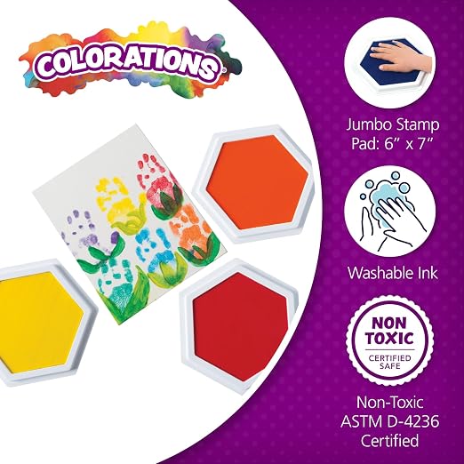 Colorations Classic Primary Colors Jumbo Washable Stamp Pads Washable Ink Pack of 6 (6"L x 7"W) - Classroom Stamping for Kids With Lid | 6" L x 7" W, Includes Lids, Washable Ink for Kids' Classroom Stamping