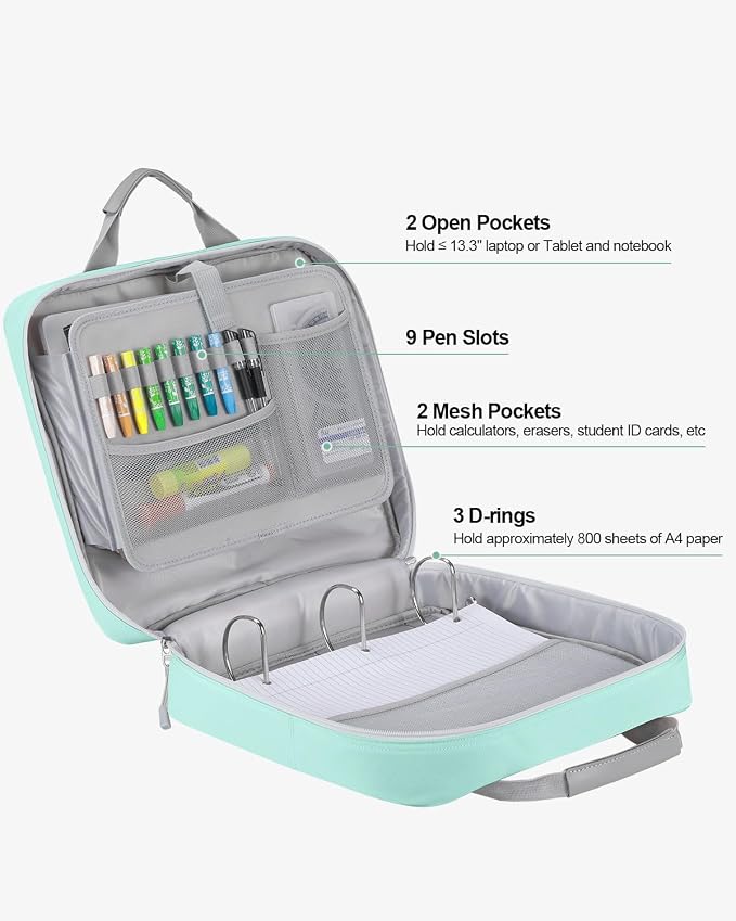 4 Inch Zipper Binder 3 Ring with Shoulder Strap,Tough/Multi-Pocket | Binder Bag with Laptop organizer for School Travel,Fit 13" MacBook & Tablet,800 Sheets Capacity,Water Resistant,Light Blue