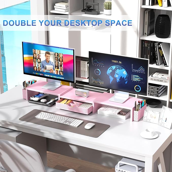 gianotter Dual Monitor Stand Riser With Drawer and 2 Pen Holders | Computer Monitor Stand Desk Organizer and Accessories Desk Shelf for Top of Desk (Pink)