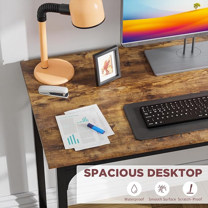 PayLessHere | 39 Inch Computer Desk | Brown | Sturdy Office Desk | Metal Frame, Adjustable Feet | Water-Resistant, Scratchproof Surface | Writing Table for Home Office or Study | Pack of 1