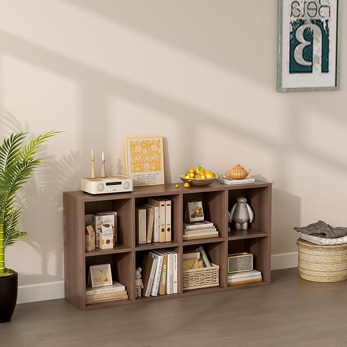 8-Cube Storage Shelf Bookcase, Walnut | Wooden 4-Tier Open Bookshelf, Fits 11×11" Bins, Vertical or Horizontal Use, Full Back Panels, For Home Office