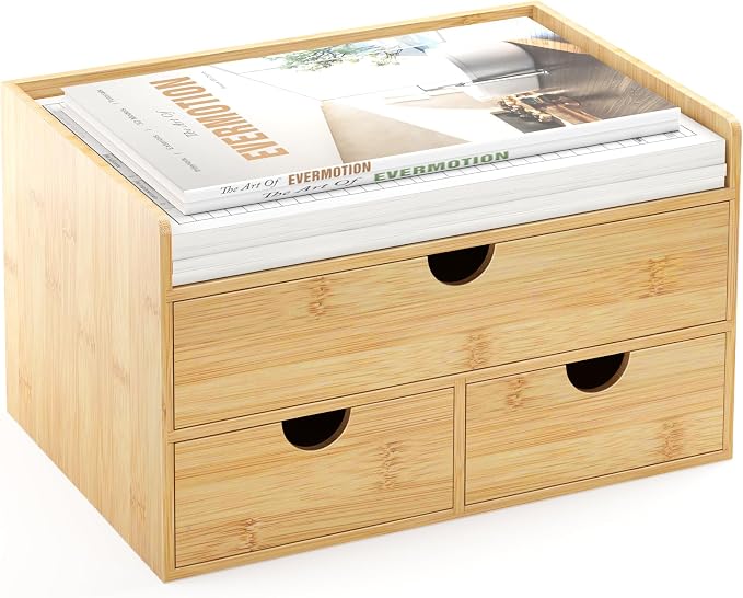 Bamboo Desk Organizer with Drawers, Desktop Storage Box for Office Supplies | 3 Drawers Desktop organizer, No Assembly Required, Natural Wood Wooden Desktop Drawers for Bills, Cosmetics, Seals, Paper