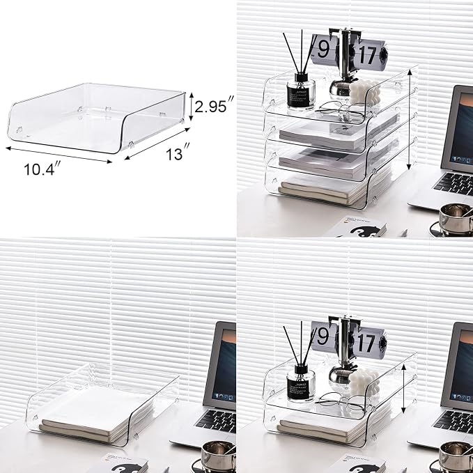 Gagee 4 Pack Paper Organizer for Desk,Clear | Acrylic Letter Tray File Organizer Stackable Documents Holder Sorter Office Tray for A4,Notes, Pens, File, Document,Magazine