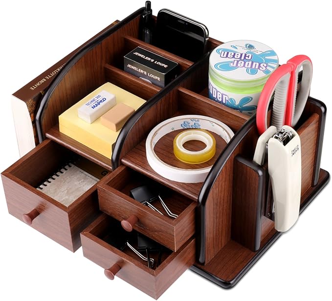 Flexzion Wooden Desk Organizer w/Drawers - Classic Wood Office Supplies Accessories Desktop Tabletop Sorter Shelf Rack Cherry Brown Pencil Holder Caddy Set with 3 Drawers, 3 Compartments & 2 Shelves | Cherry Brown Table Caddy, 12 X 8 X 5.5 In, with 3 C...