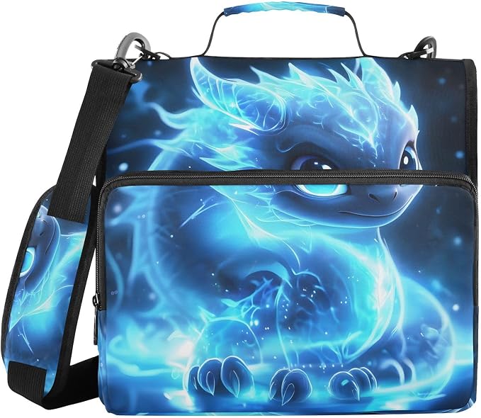 3 D-Ring Zipper Binder Bag, Cute Blue Glowing Dragon Removable Binder with Zipper Case Hold 300+ Sheets& 13 Inch Laptop for School Office Supplies Organizer
