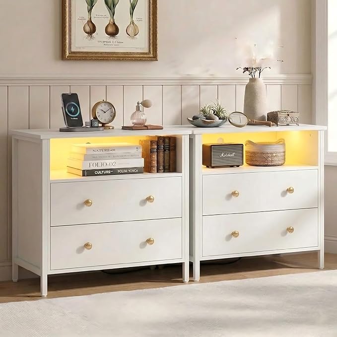 27" LED Nightstand Set 2 with Charging Station, 2 Drawers, White | RGB App Control, 2 AC Outlets & 2 USB Ports, Open Storage, Adjustable Feet, Wood Tall Nightstand for Bedroom or Office