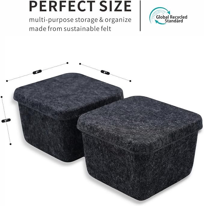 2pc Cube Lidded Felt Desktop Stackable Storage Bin with Lid Charcoal