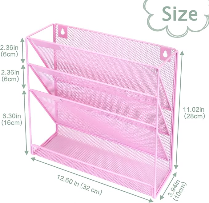 3 Pockets Mesh Wall File Holder Organizer with Bottom Flat Tray, Office Hanging File Folder Magazine Rack, Nametag Label Hooks Set Included, Pink