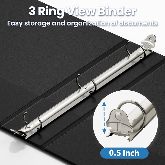 SUNEE 1/2 Inch Binders 3 Ring 10 Pack Bulk, PVC-Free Clear View Half Inch Binders (Fits 8.5x11 Inches) for School, Office & Home Use, Black