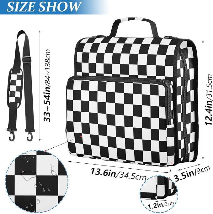 Black White Checkered Pattern 3 Ring Binder Bag 1.5 inch Binder Organizer with Zipper Shoulder Strap 500 Sheet Documents Storage for School Office