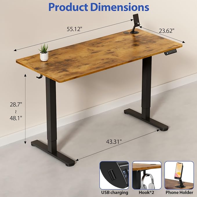 YESHOMY Height Adjustable Electric Standing Desk, 55 x 24 Inches Memory Home Office Sit Stand up Desk with Phone Holder and USB Charging Port, Rustic Brown