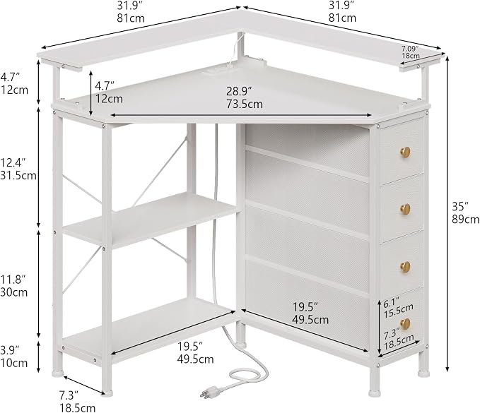 VENNQD Corner Desk with Drawers Shelves for Small Space 90 Degrees Triangle Computer Desk with Power Outlets,Gaming Desk with LED Lights Monitor Stand for Home Office Workstation Writing Table (White)