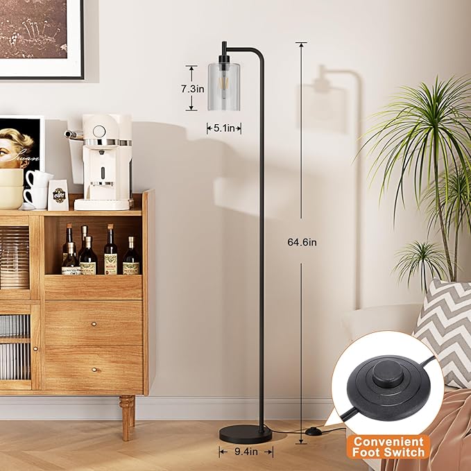 Ziisee Floor Lamps for Living Room - Standing Lamp with Grey Glass Shade, Modern Floor Lamp with LED Bulbs, Industrial Floor Lamp for Bedroom, Black Tall Lamp for Office(Light Bulb Included)