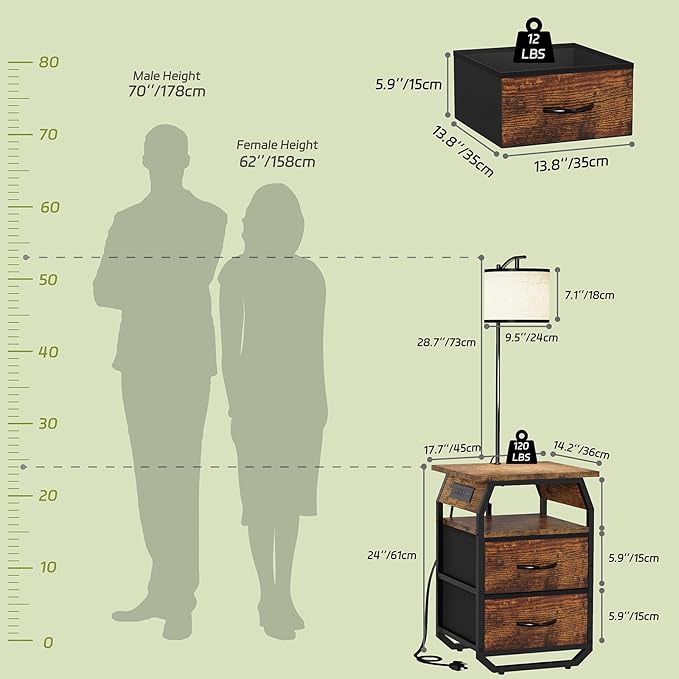 runjuly Floor Lamp with Table, End Tables with Lamps Attached 3-Color Temperature Bulb, Side Table with Lamp with 2 Drawers & Charging, Lamps Tables Combo for Bedroom, Dorm, Apartment - Rustic Brown