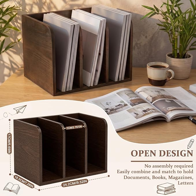Novabright Walnut Color Pine Wood File Magazine Holder Desk Organizer, 3 Vertical Compartments Workspace Sorters for Magazines, Notebooks, Envelopes