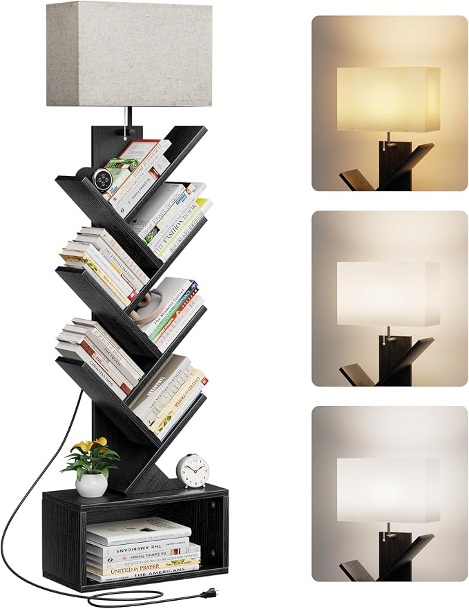 Evermagin 6 Tier Tree Bookshelf with Light, Bookcase, Black | Narrow Tower Design, Storage Cabinet for Book Organization, Tall Floor Standing Use, Living Room, Bedroom and Home Office