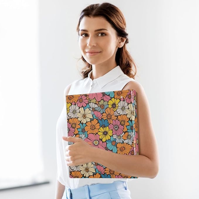 Retro Groovy Hippie Flowers Binder 1.5 Inch Binder with Clipboard&Pockets, Fancy Boho Daisy Hardcover Binders 3 Ring, Heavy Duty Large File Folder for Office School Supplies - Holds 200 Sheets