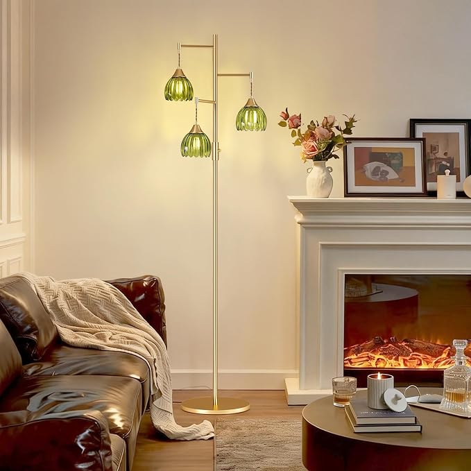 Shenmoyl Stepless Dimming Floor Lamps for Living Room, Bedroom, Gold Standing Lamp with 3pcs 6W Bulbs, Vintage Brass Floor Lamp for Corner, Nursery (Green Tulip)