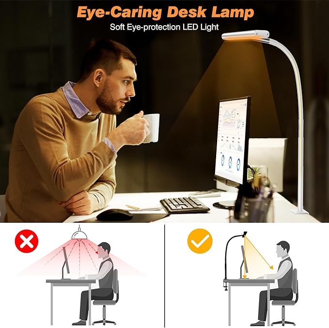 Airlonv LED Desk Lamp with Clamp, 17" Stepless Dimming Light, White | 2700K-6500K, 100 LEDs, 360° Gooseneck, Fits Up to 30" Monitors, Flicker-Free Lighting for Home Office, Study& Workbench